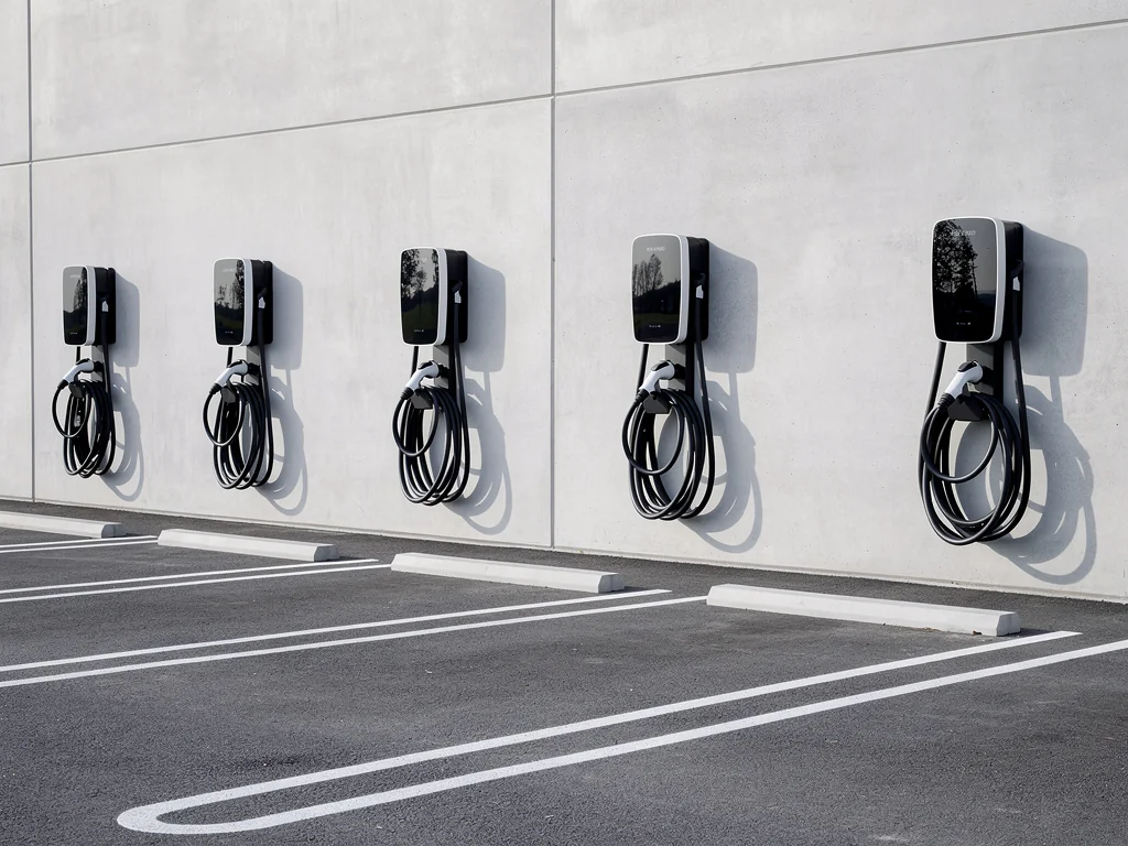 Bornes de recharge alignées sur le parking d'une entreprise
