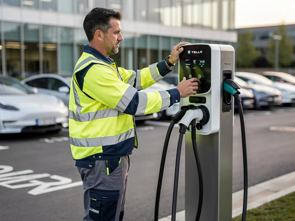 Technicien certifié IRVE configurant une borne de recharge professionnelle